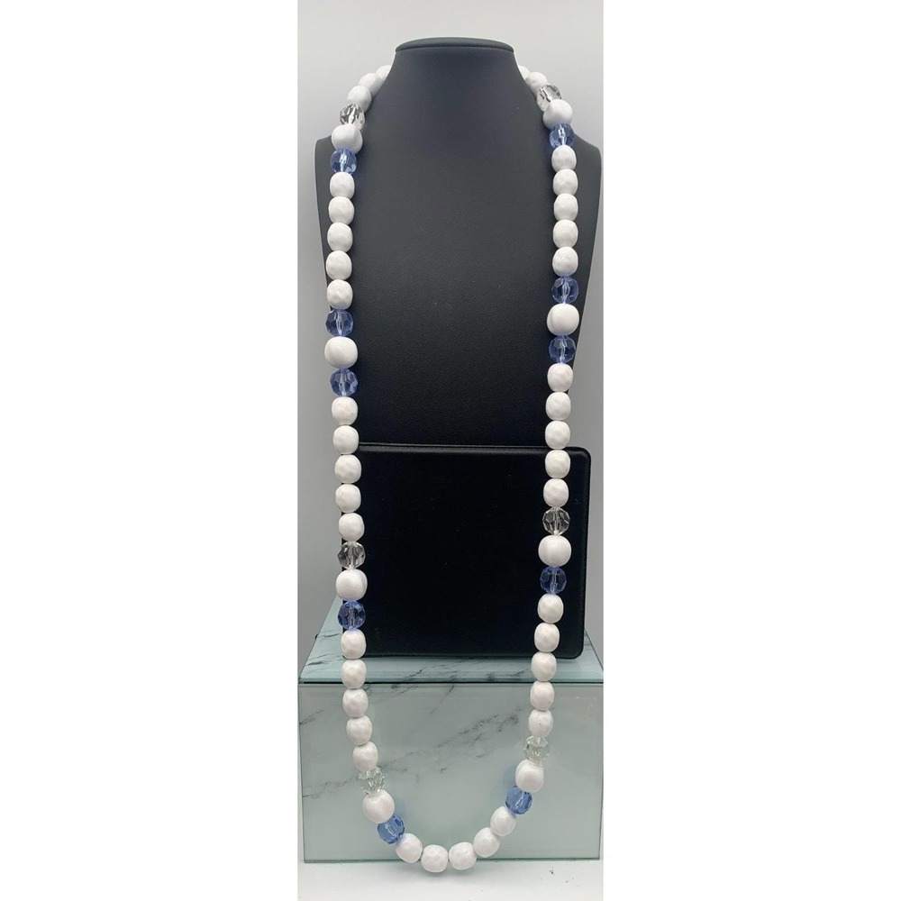 Vintage Monet White Faceted Clear & Blue Lucite Beaded Chunky Long Necklace 41"